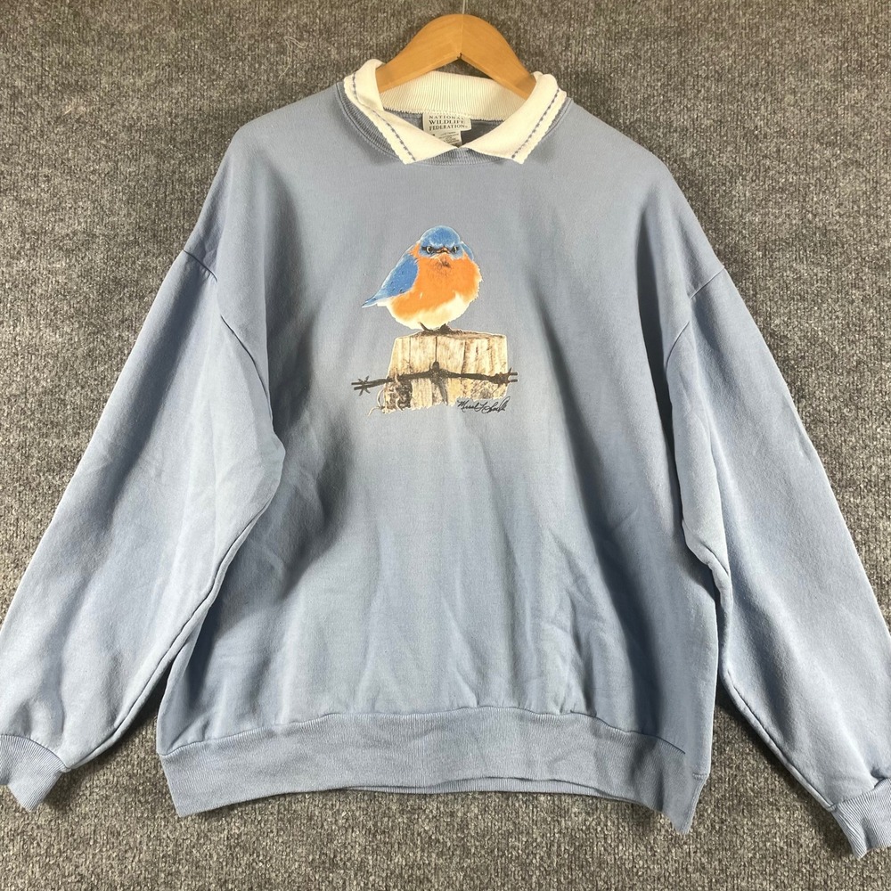 VTG National Wildlife Federation Sweatshirt Womens XL Blue Bluebird Collared 90s